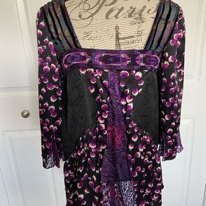 Anna Sui Silk Panels Burnout Peasant Blouse/Shirt/Top Size 2 Purple & Black